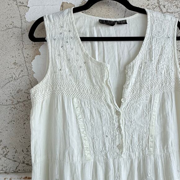 Vtg Boho Midi Dress Embroidered Tiered Crinkle Cotton Gauze Corset Cottagecore L - Picture 4 of 8